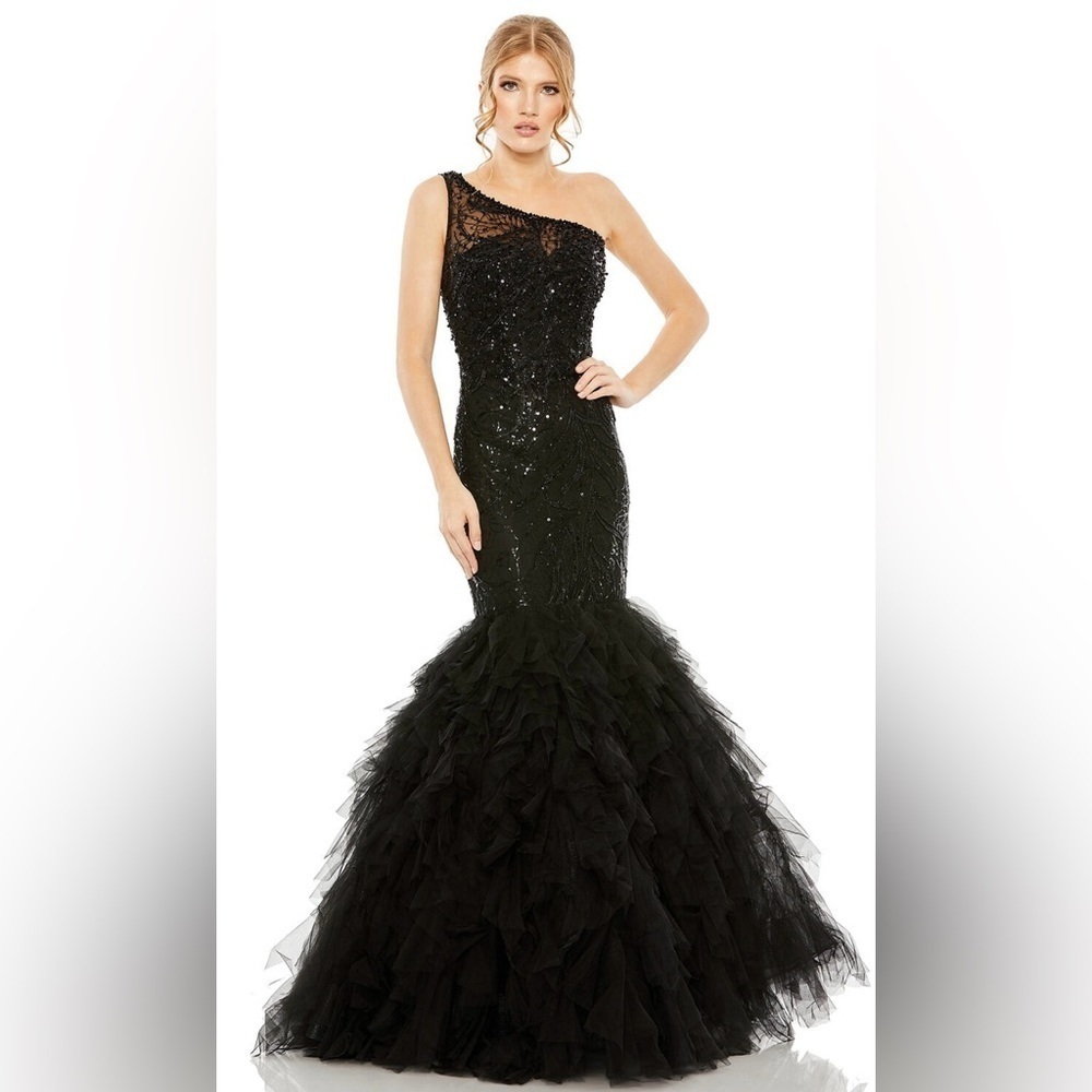 Mac Duggal 20545 NWT Black Ruffle Skirt One Shoulder Dress
